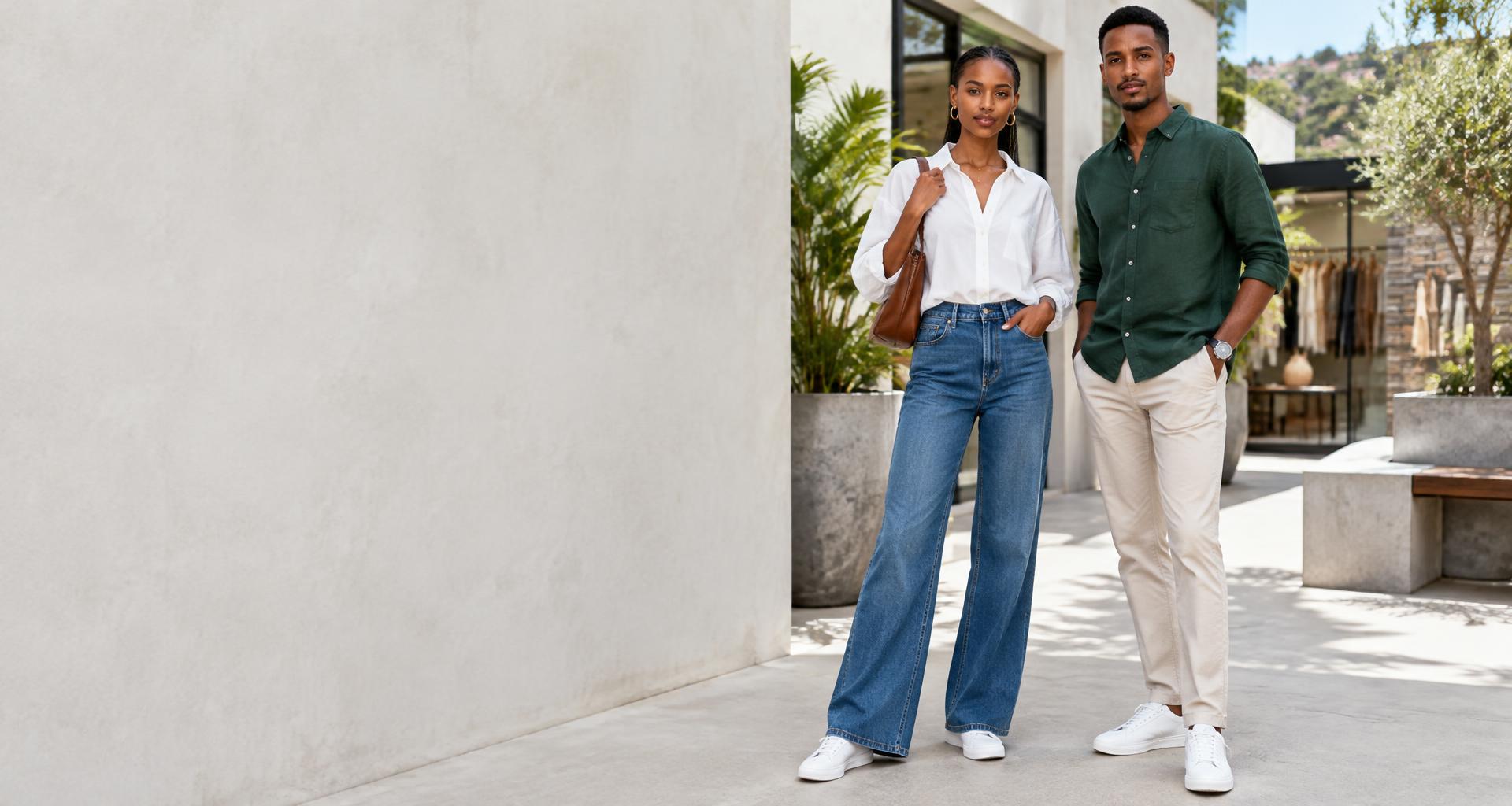 Fashion campaign featuring two models in contemporary everyday clothing